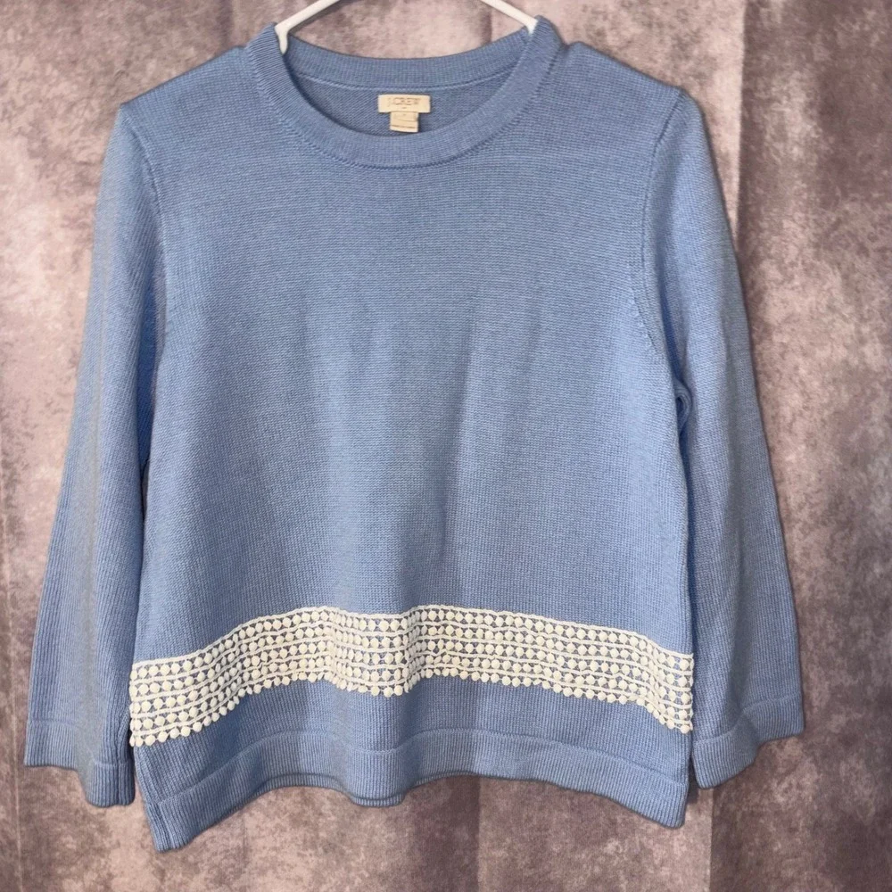 J.Crew Women's Small Merino Wool Blend Crochet Chic Hem Sweater Blue